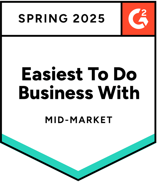 A badge labeled Easiest To Do Business With Mid-Market for Spring 2025, with the G2 logo in the top right corner and a teal stripe along the bottom edge.